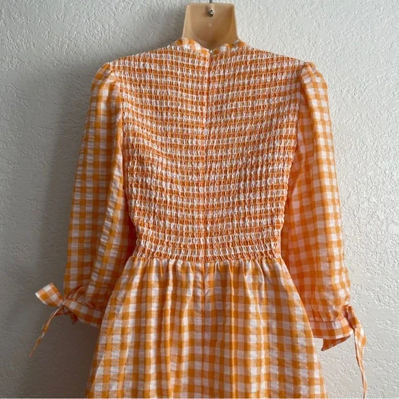 NEW Whistles Gingham Orange Check Shirred Midi Dress Size 6 Smocked - Picture 6 of 10